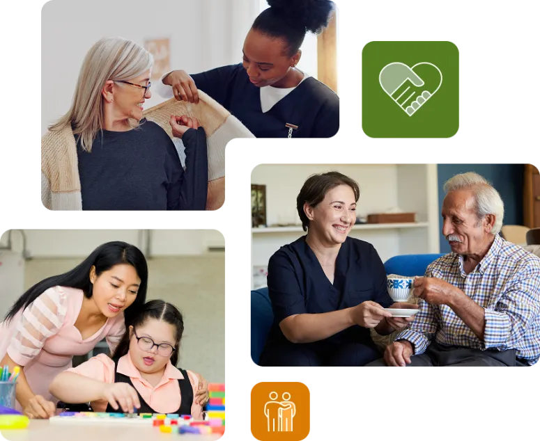 Image mosaic of a caregiver helping an elderly woman get dressed, a caregiver holding a saucer while an elderly man holds a tea cup, a caregiver helps a young girl with down syndrome, an icon with a person putting their arm around someone's shoulder, and an icon of two hands holding each other in the shape of a heart